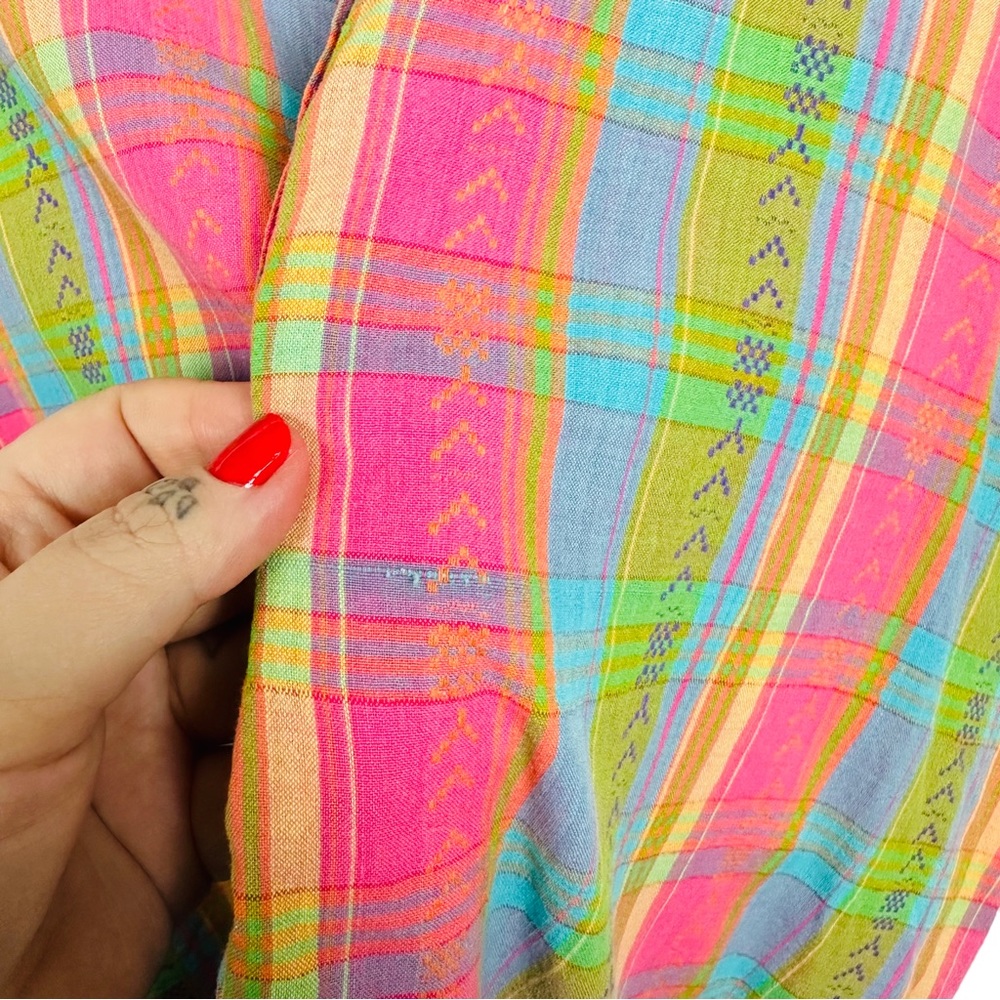 Vintage 80’s Cottagecore  Rainbow Plaid Short Sleeve Oversized Pullover Blouse - Picture 9 of 12